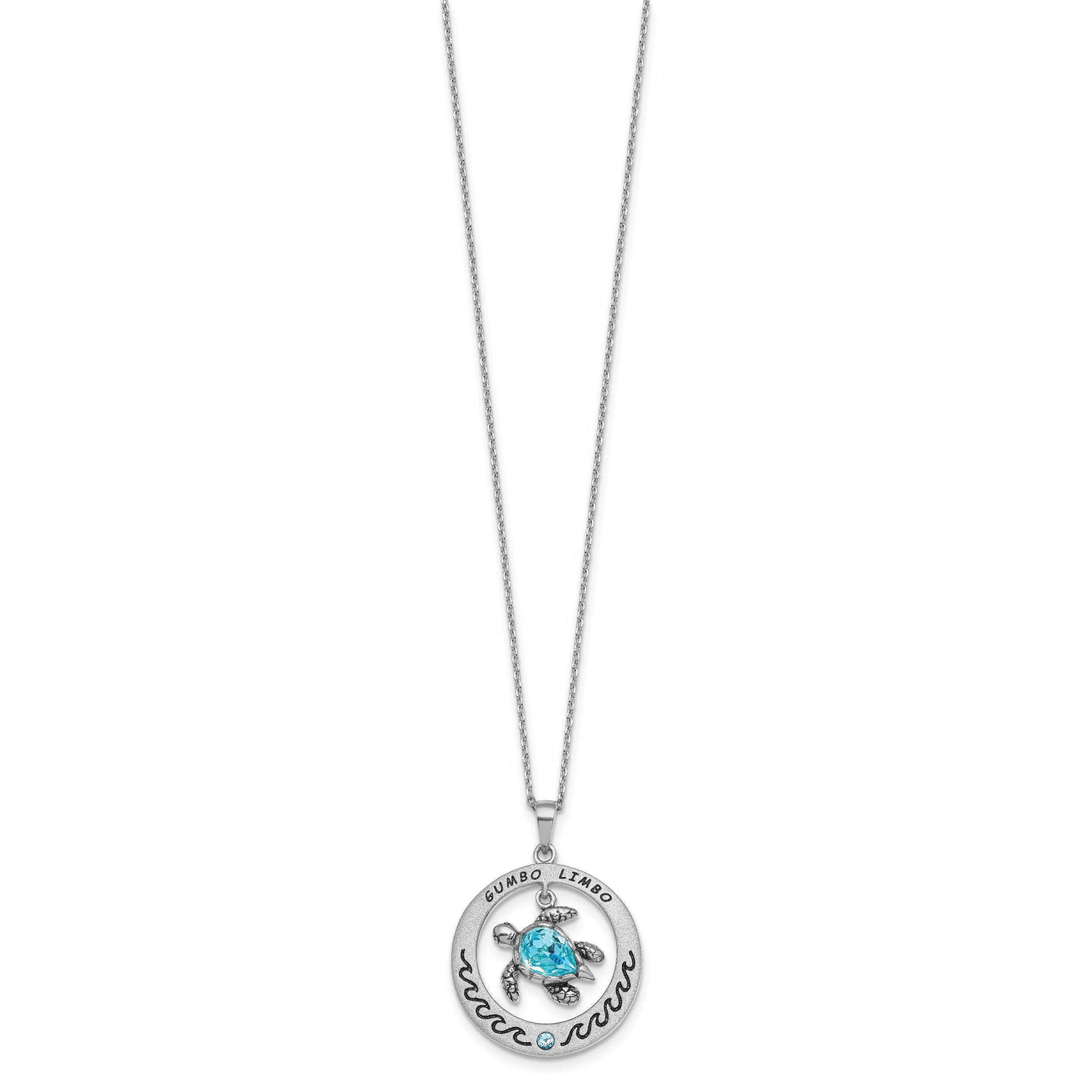 Sterling Silver Rhodium-Plated Blue Crystal Turtle Circle 16 +2in Necklace