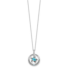 Sterling Silver Rhodium-Plated Blue Crystal Turtle Circle 16 +2in Necklace