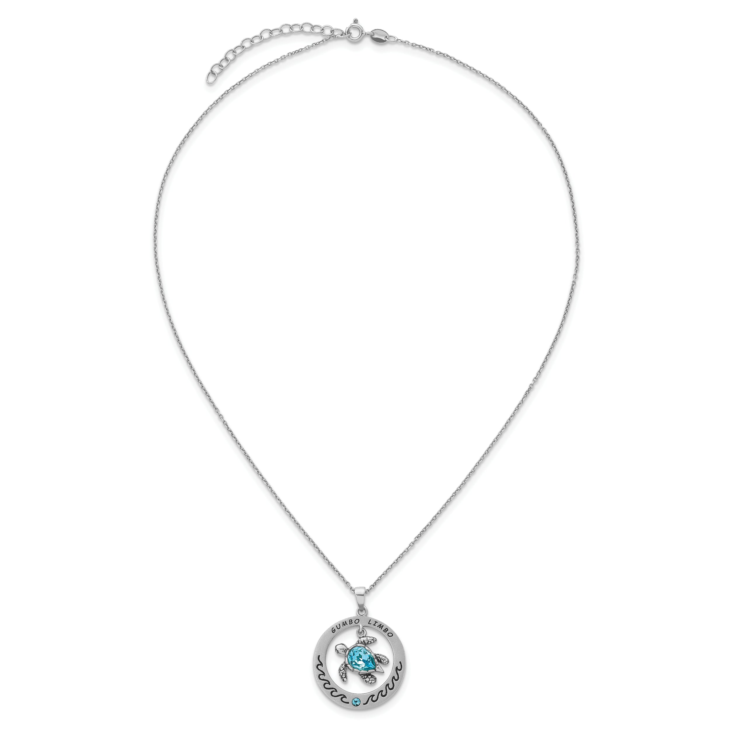 Sterling Silver Rhodium-Plated Blue Crystal Turtle Circle 16 +2in Necklace