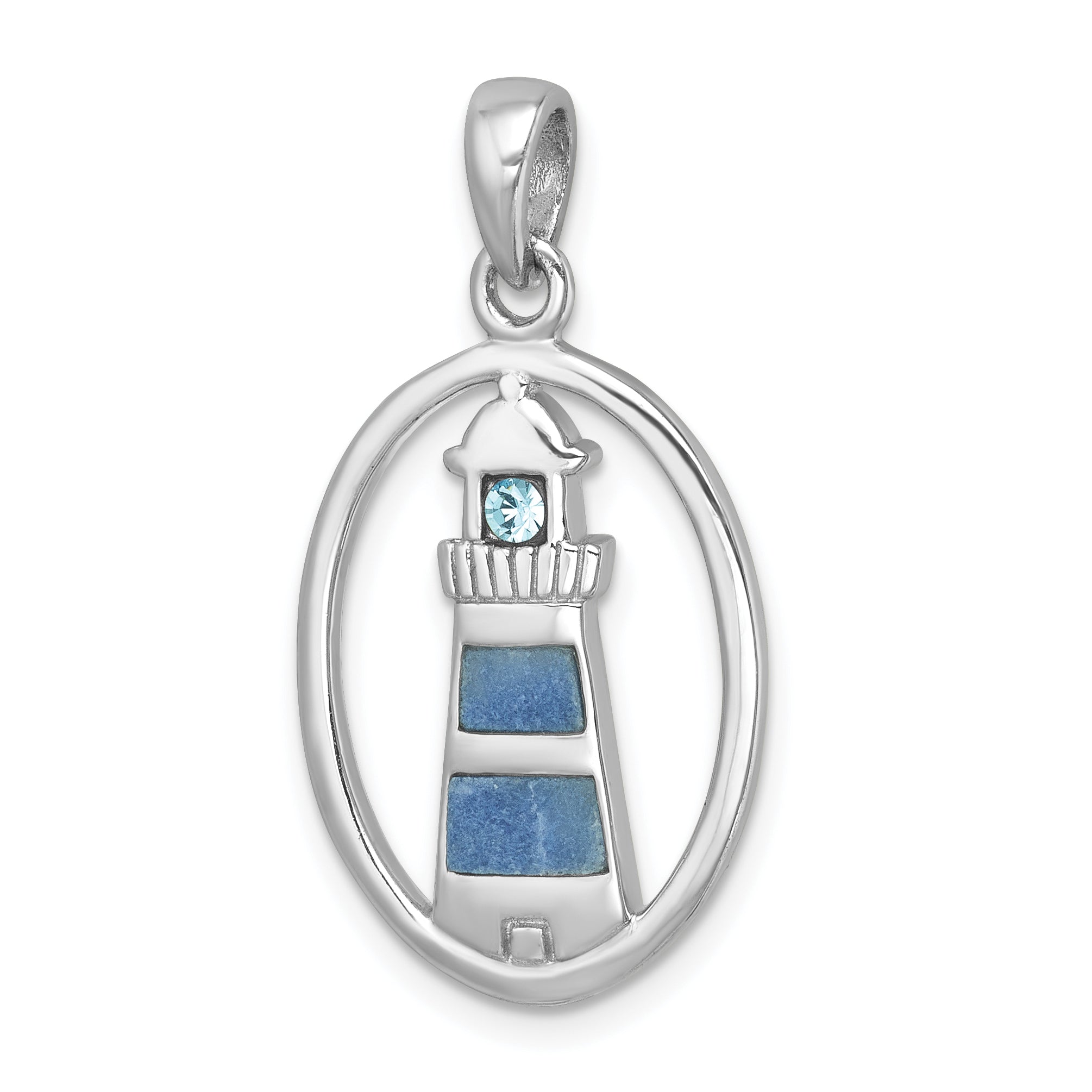Sterling Silver Rhodium-Plated Polished Oval Adventurine & CZ Lighthouse Pendant