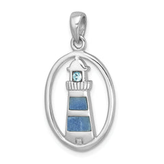 Sterling Silver Rhodium-Plated Polished Oval Adventurine & CZ Lighthouse Pendant