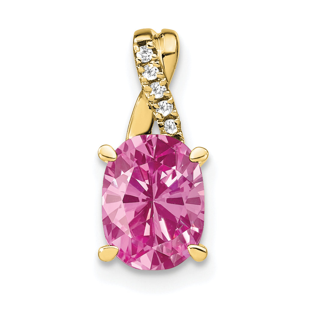 10k Oval Created Pink Sapphire and Diamond Pendant