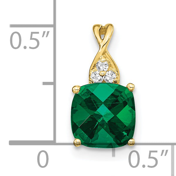 10k Checkerboard Created Emerald and Diamond Pendant