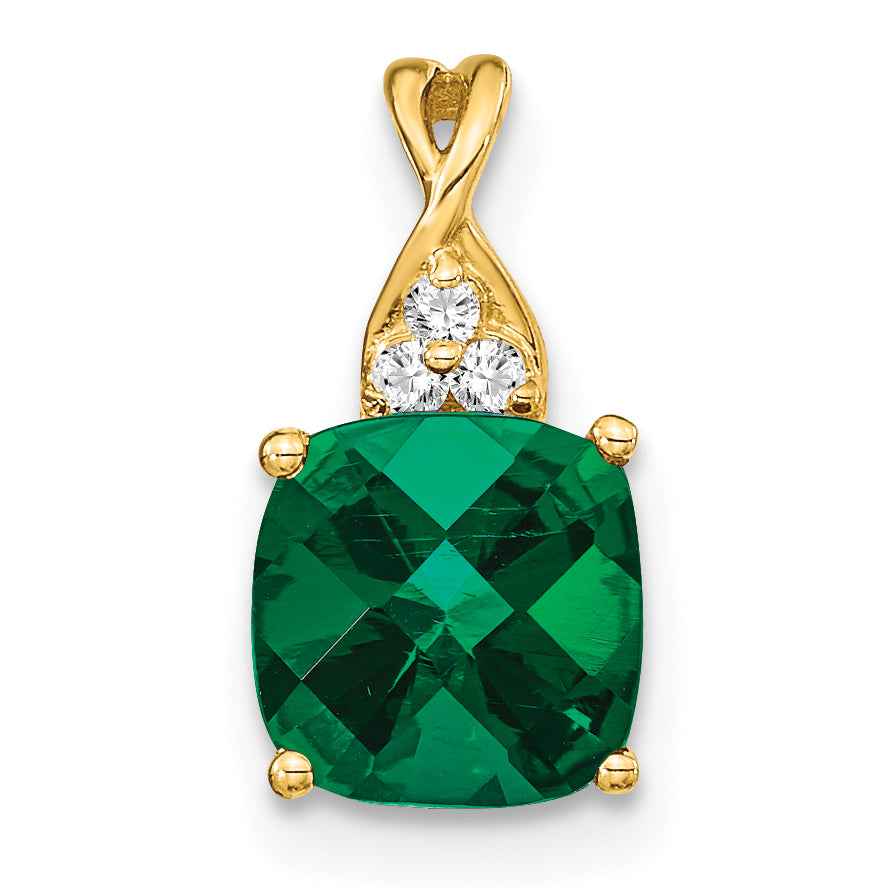 10k Checkerboard Created Emerald and Diamond Pendant