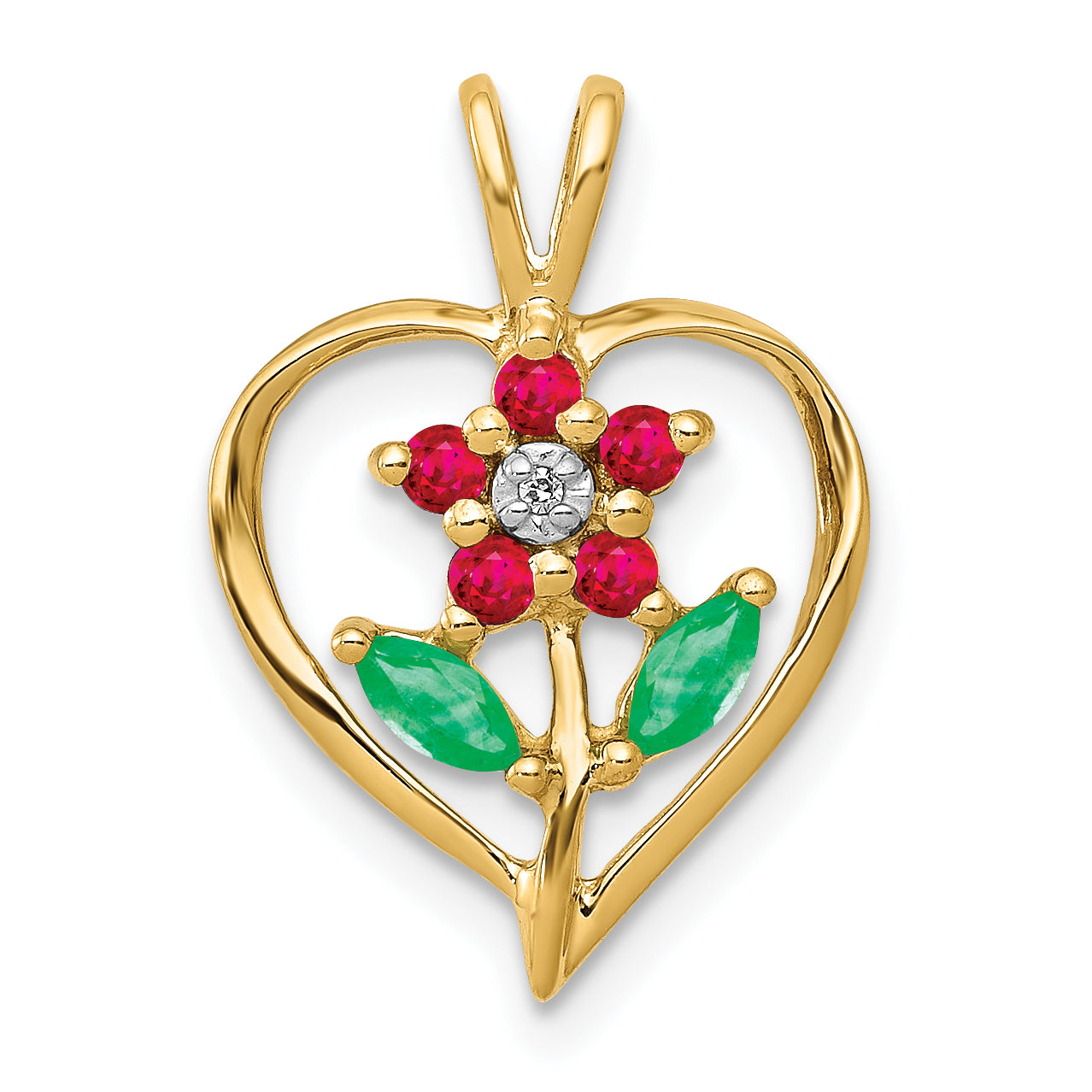 14k Siam Ruby/Emerald/Diamond Flower in Heart Pendant Main image