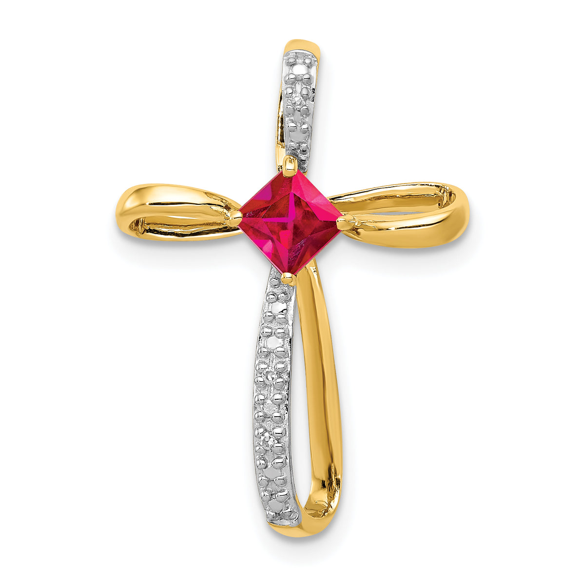 10k and Rhodium Lab Created Ruby and Diamond Cross Pendant