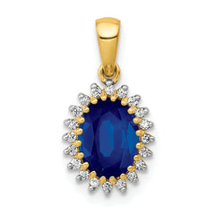 14K Lab Grown Diamond and Oval Created Blue Sapphire Pendant