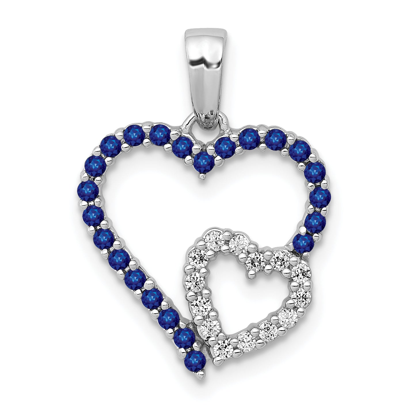 14k White Gold Diamond and Sapphire Double Heart Pendant Main image