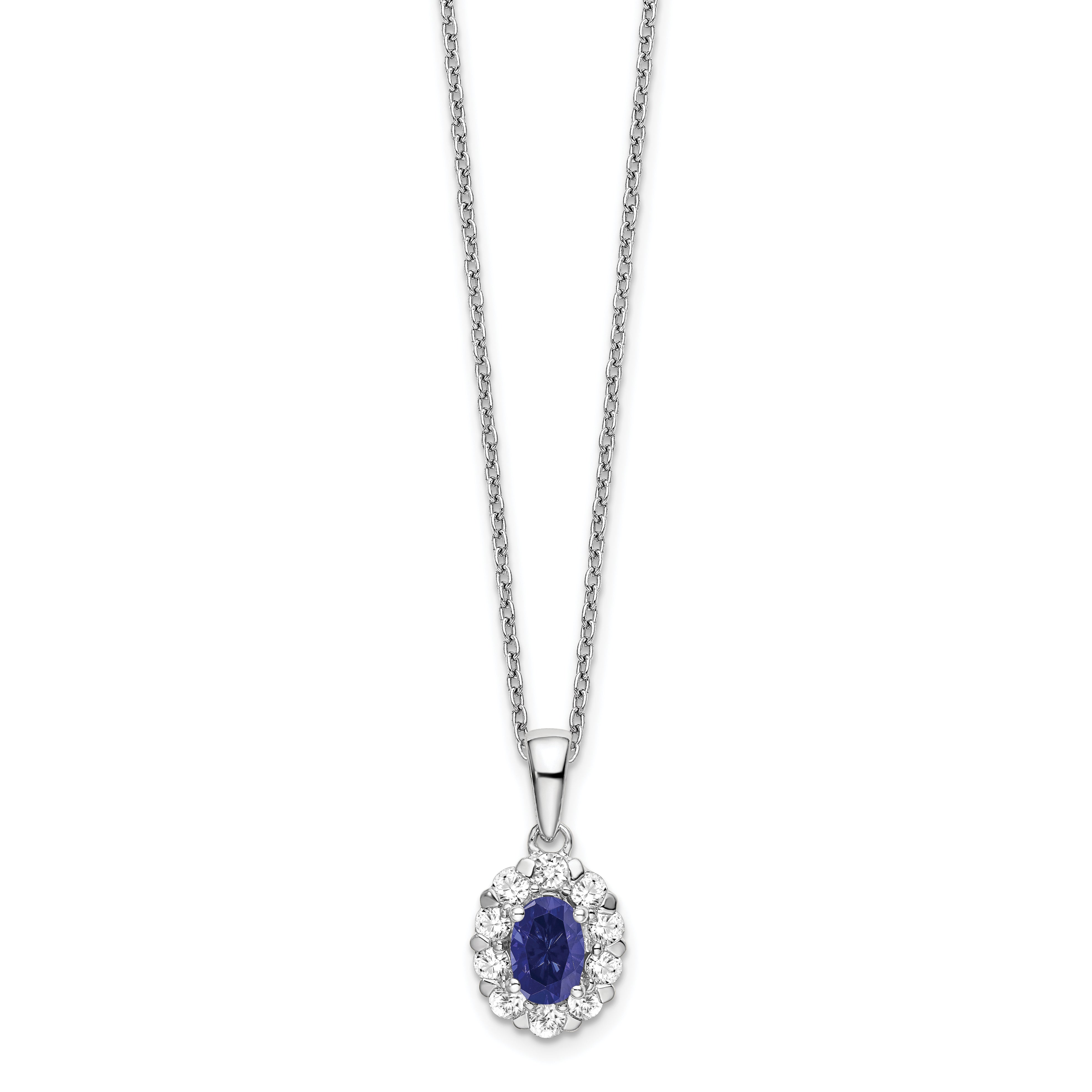 14K White Gold Lab Grown Diamond & Cr Oval Blue Sapphire Pendant Necklace