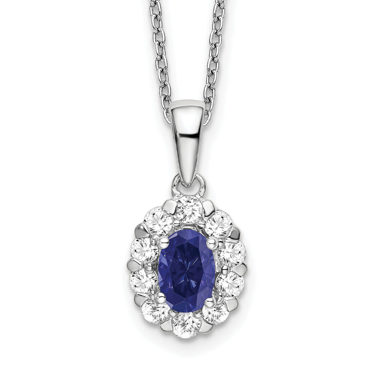 14K White Gold Lab Grown Diamond & Cr Oval Blue Sapphire Pendant Necklace