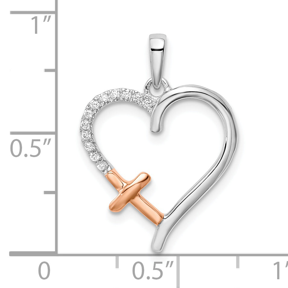 14k Two-tone White and Rose Heart w/Cross Diamond Pendant