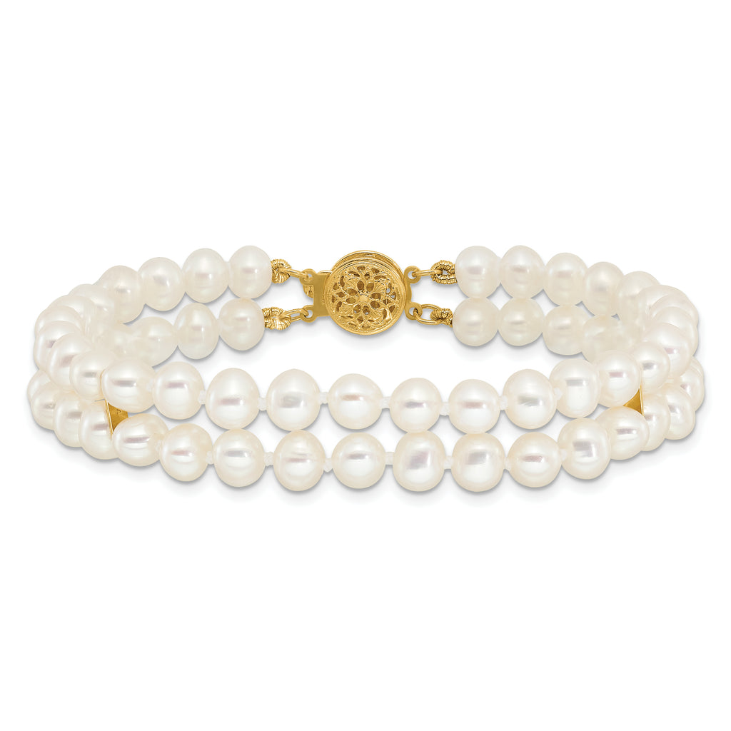 14k 5-6mm White Near Round FW Cultured Pearl 2-strand Bracelet