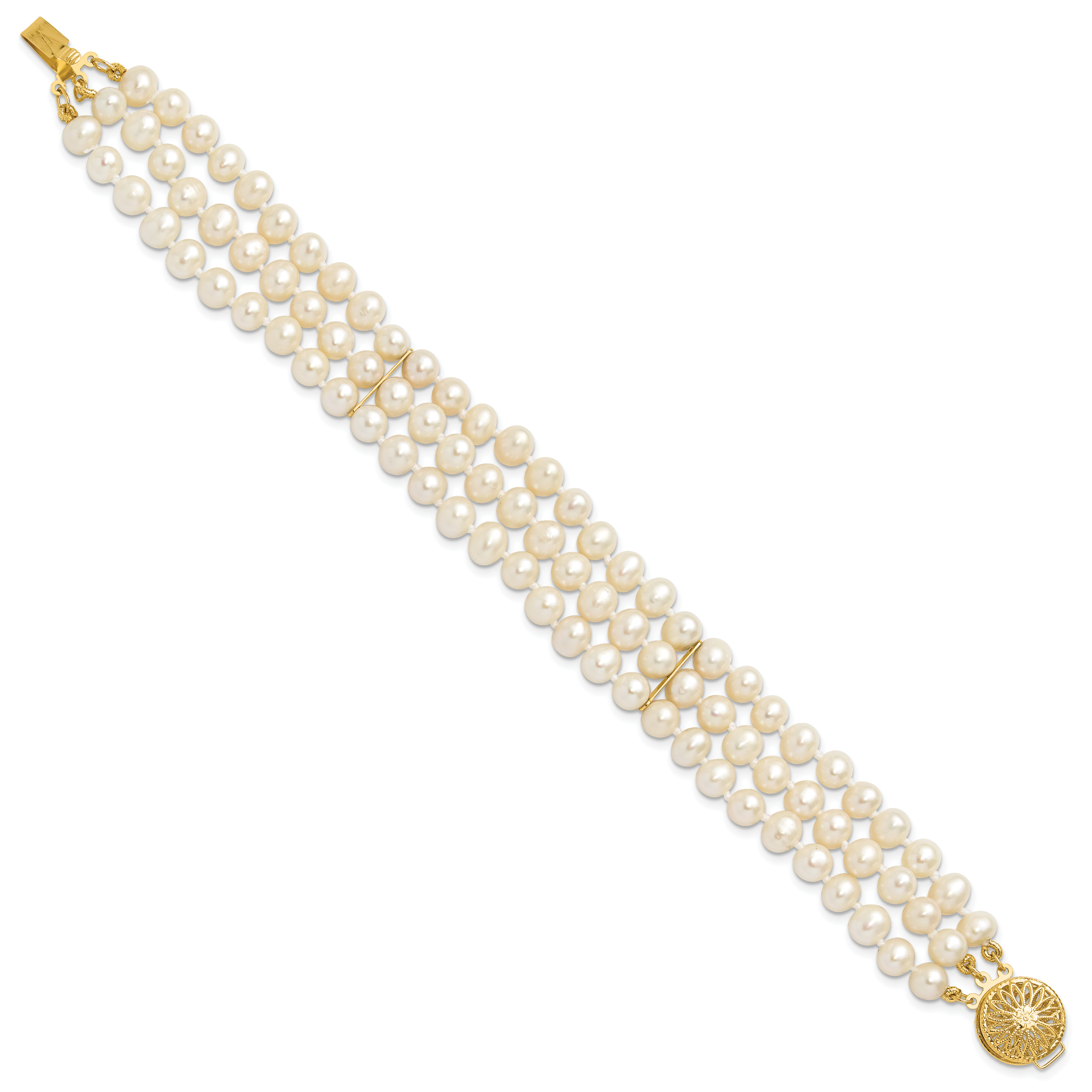 14k 5-6mm White Near Round FW Cultured Pearl 3-strand Bracelet Secondary image