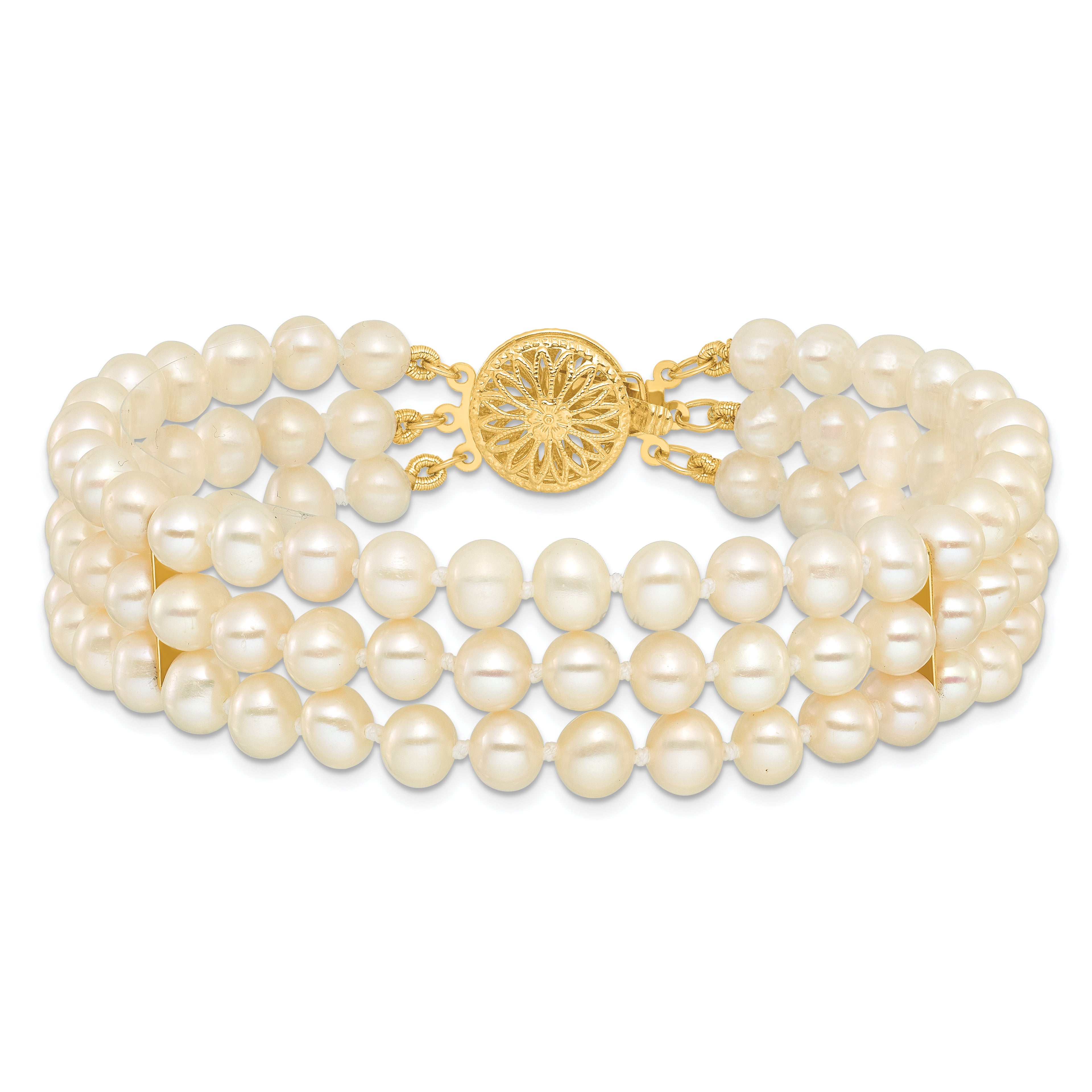14k 5-6mm White Near Round FW Cultured Pearl 3-strand Bracelet