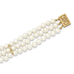 14k 5-6mm White Near Round FW Cultured Pearl 3-strand Bracelet