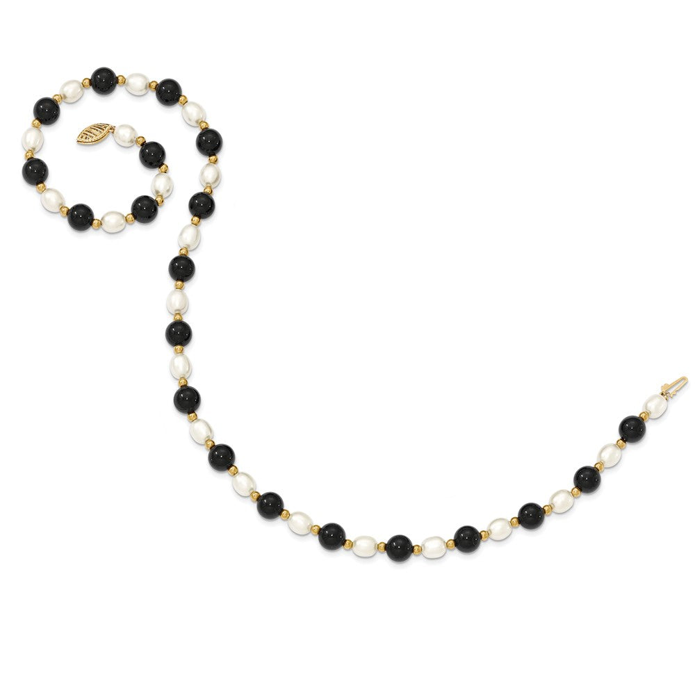 14K Gold Pearl and Onyx Gemstone Necklace Elegant and Polished 17