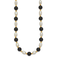 14k 6-7mm White Rice FW Cultured Pearl Onyx Bead Necklace