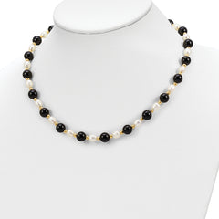 14k 6-7mm White Rice FW Cultured Pearl Onyx Bead Necklace