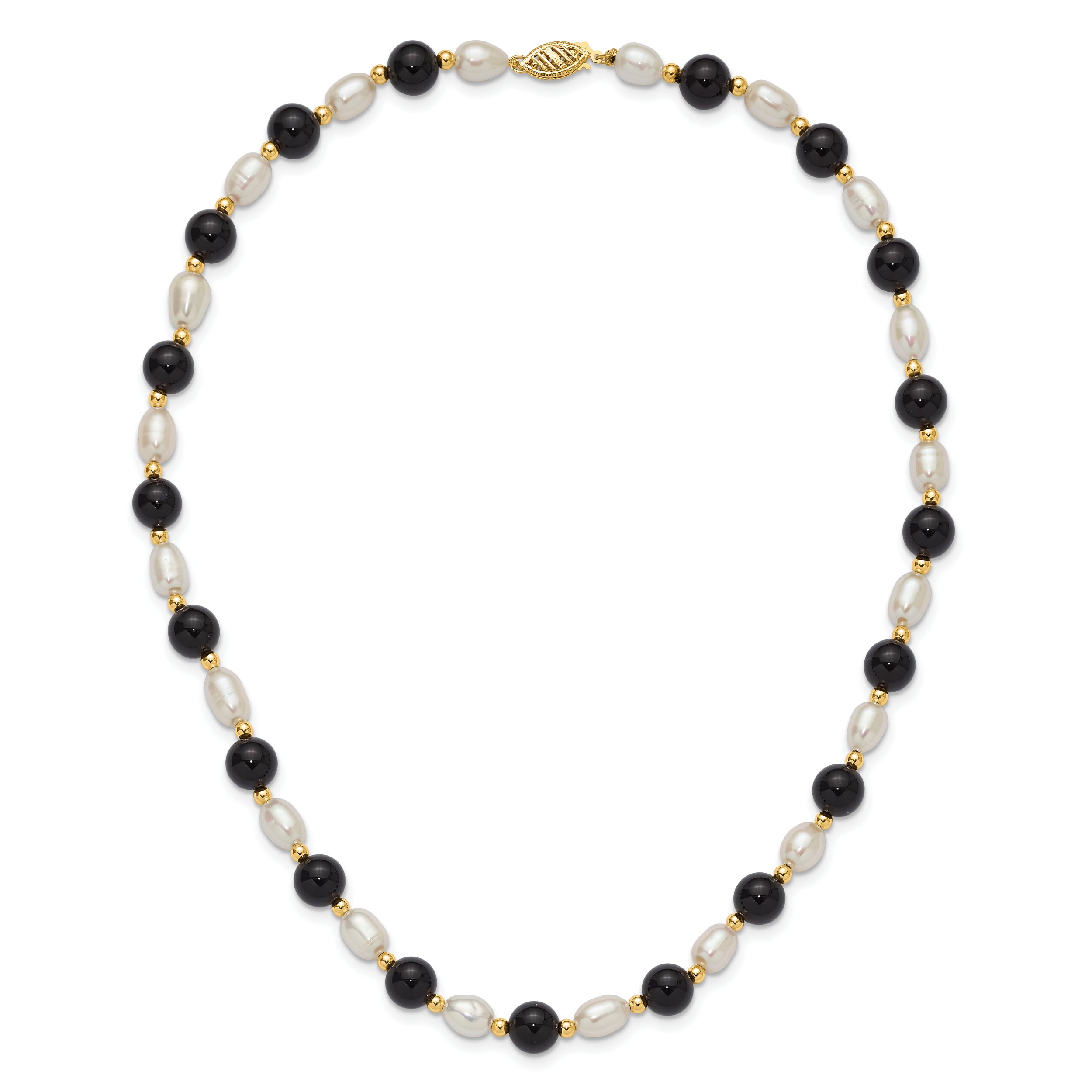 14k 6-7mm White Rice FW Cultured Pearl Onyx Bead Necklace