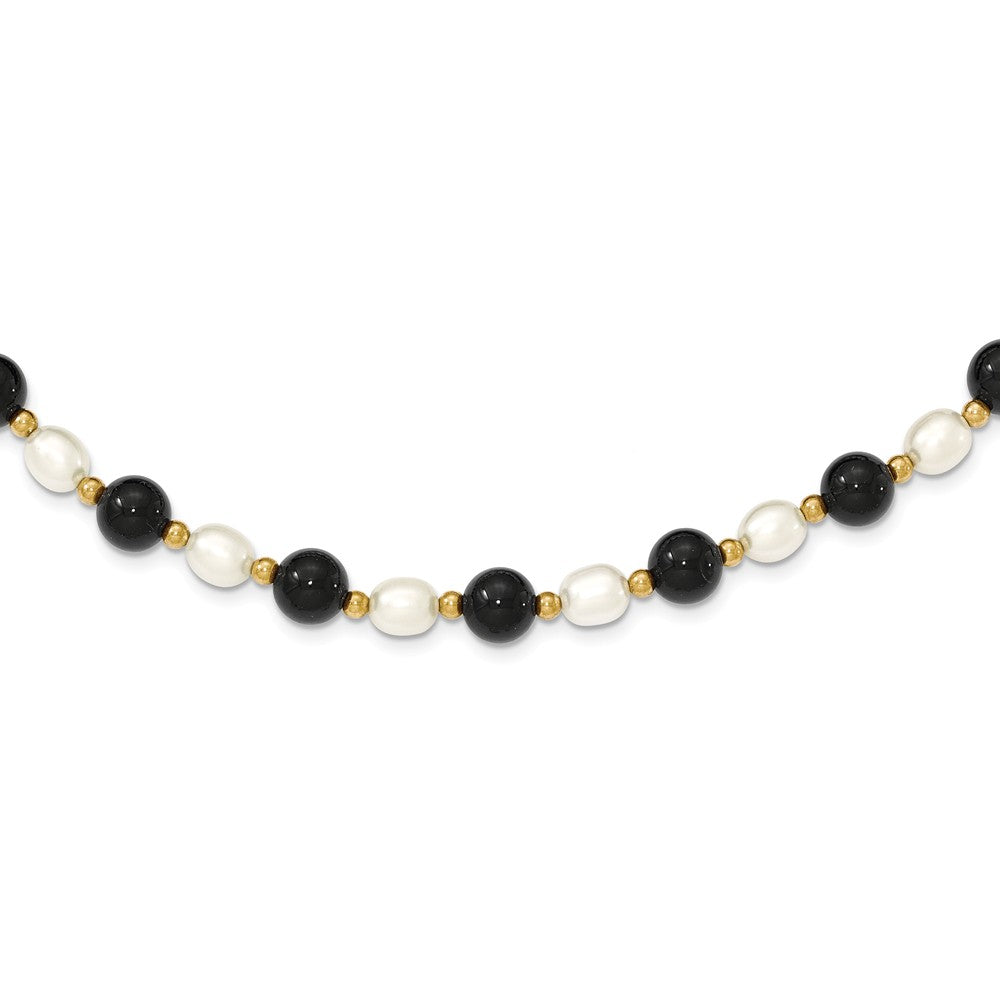 14K Gold Pearl and Onyx Gemstone Necklace Elegant and Polished 17