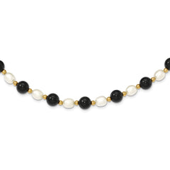 14K Gold Pearl and Onyx Gemstone Necklace Elegant and Polished 17