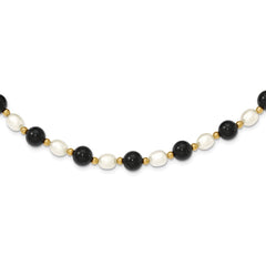 14K 6-7mm White Rice FW Cultured Pearl Onyx Bead Necklace