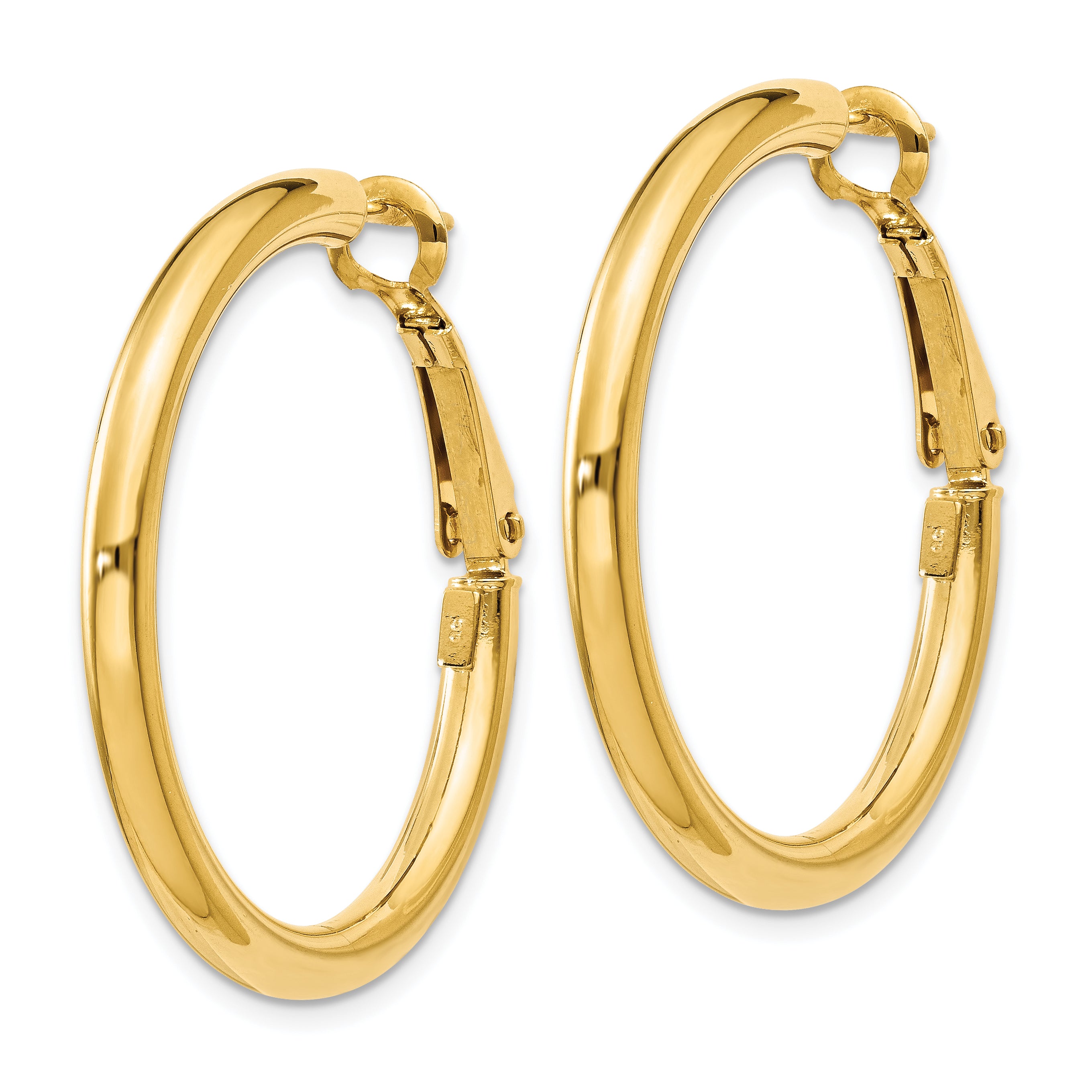 14K Gold Polished Omega Back Hoop Earrings for Women 3x25mm Hollow Design