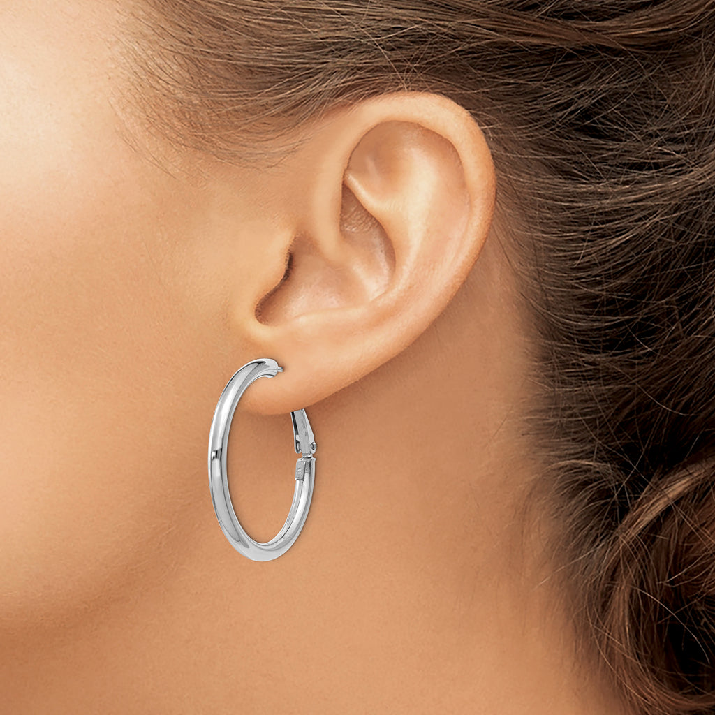 14K White Gold Polished Hoop Earrings with Omega Back 32.5mm Hollow Design
