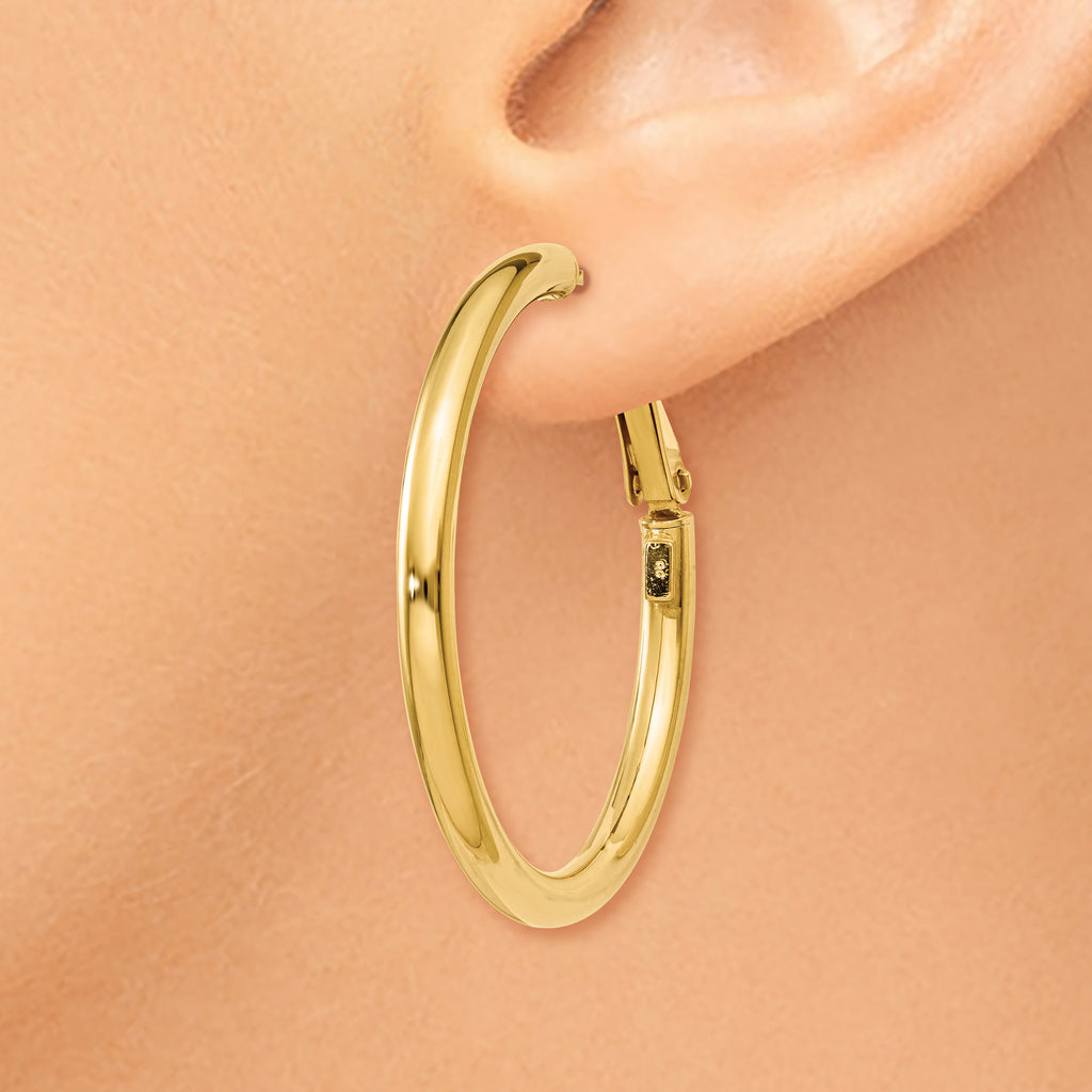 14K Gold Polished Hoop Earrings with Omega Back  36mm Hollow Design