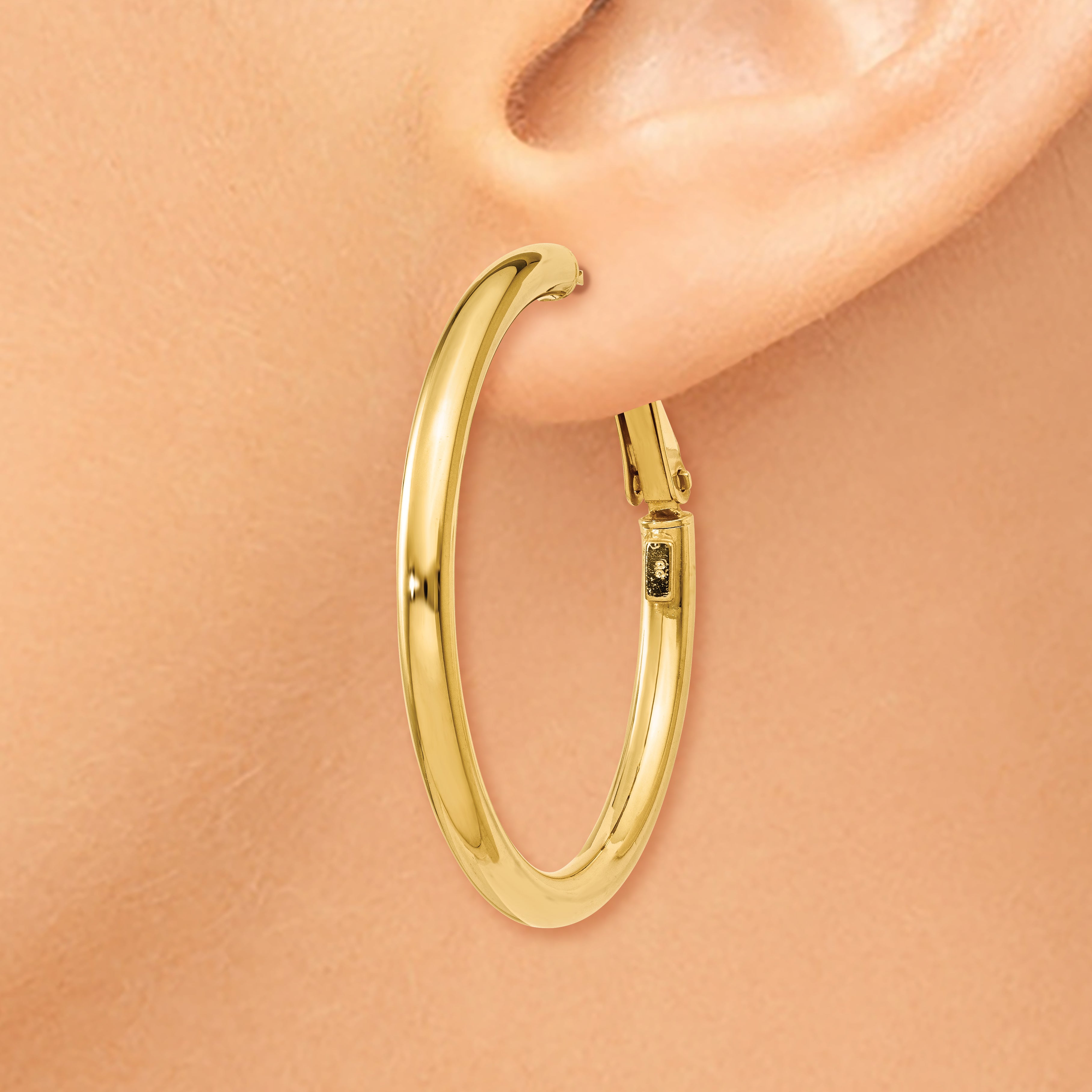14K Gold Polished Hoop Earrings with Omega Back  36mm Hollow Design