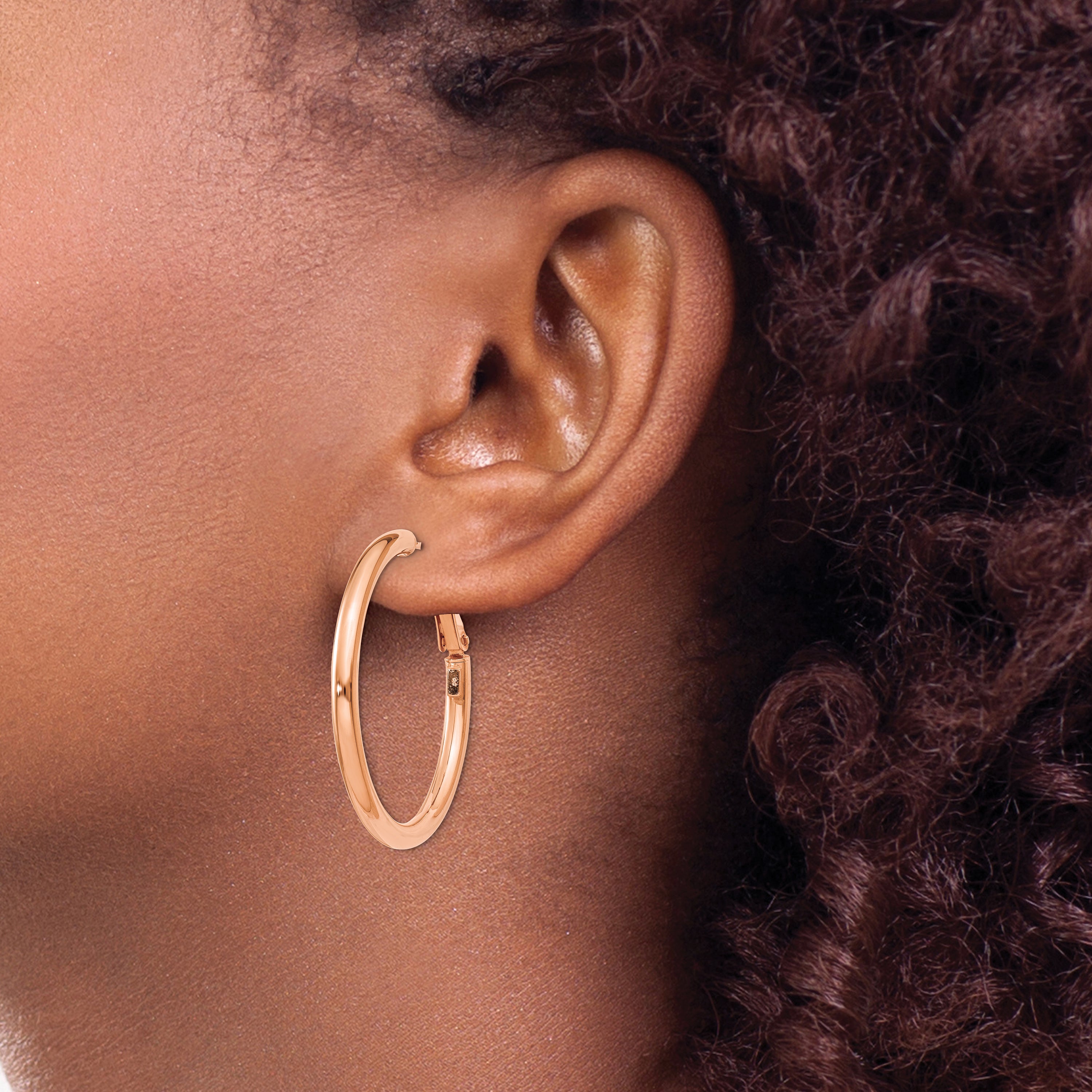 14k Rose Gold 3x30mm Polished Round Omega Back Hoop Earrings