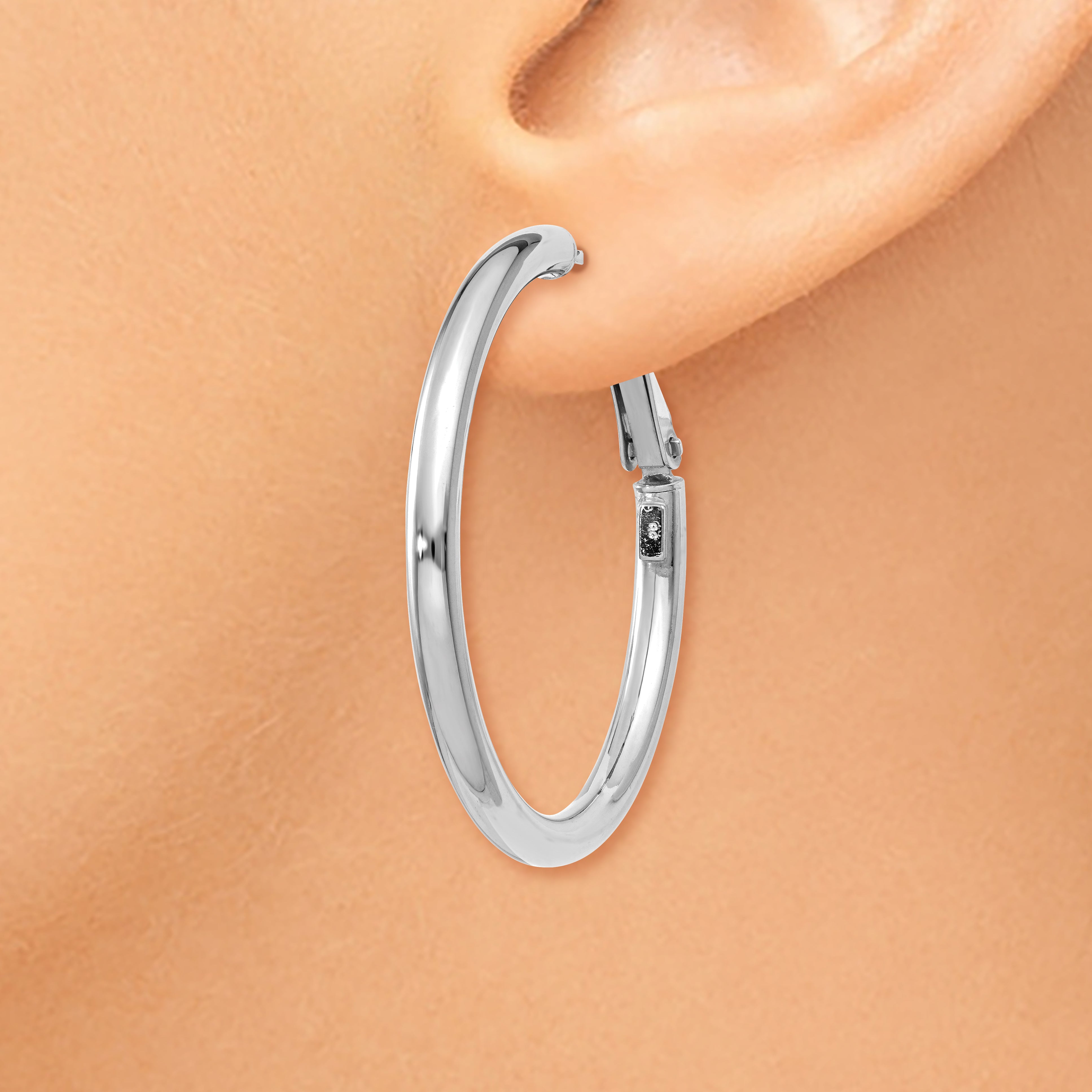 14k White Gold 3x30mm Polished Round Omega Back Hoop Earrings