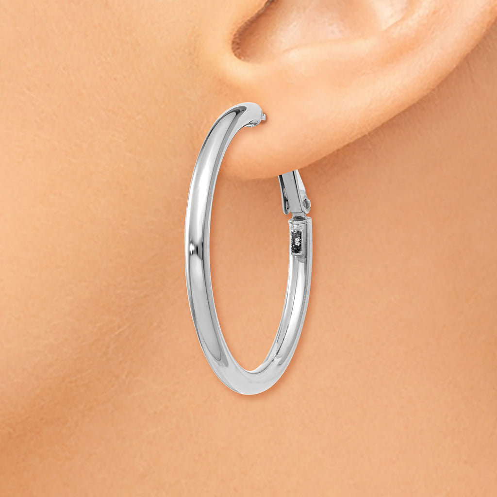 14K White Gold Polished Omega Back Hoop Earrings for Women