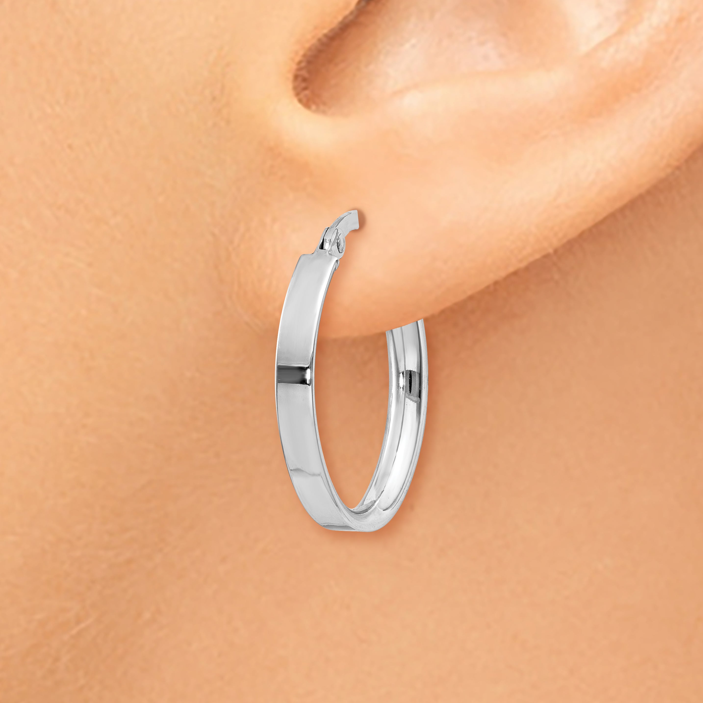 14K White Gold Oval Hoop Earrings with Rhodium Finish, Elegant and Nickel-Free