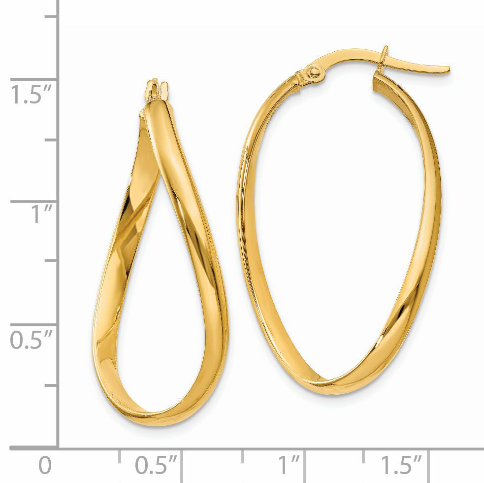 14K Gold Twisted Oval Hoop Earrings, Polished 18mm Elegant Design