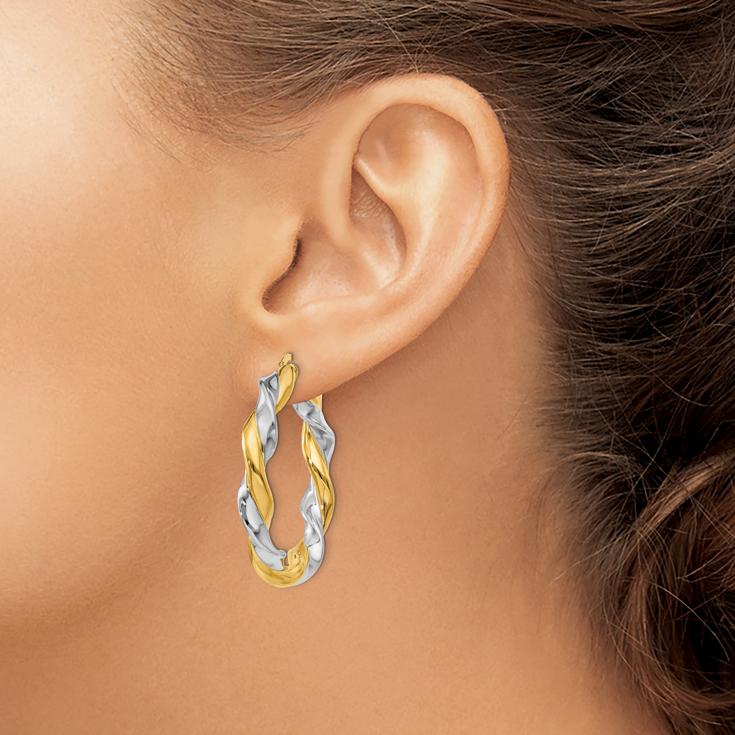 14k w/White Rhodium Twisted Hoop Earrings