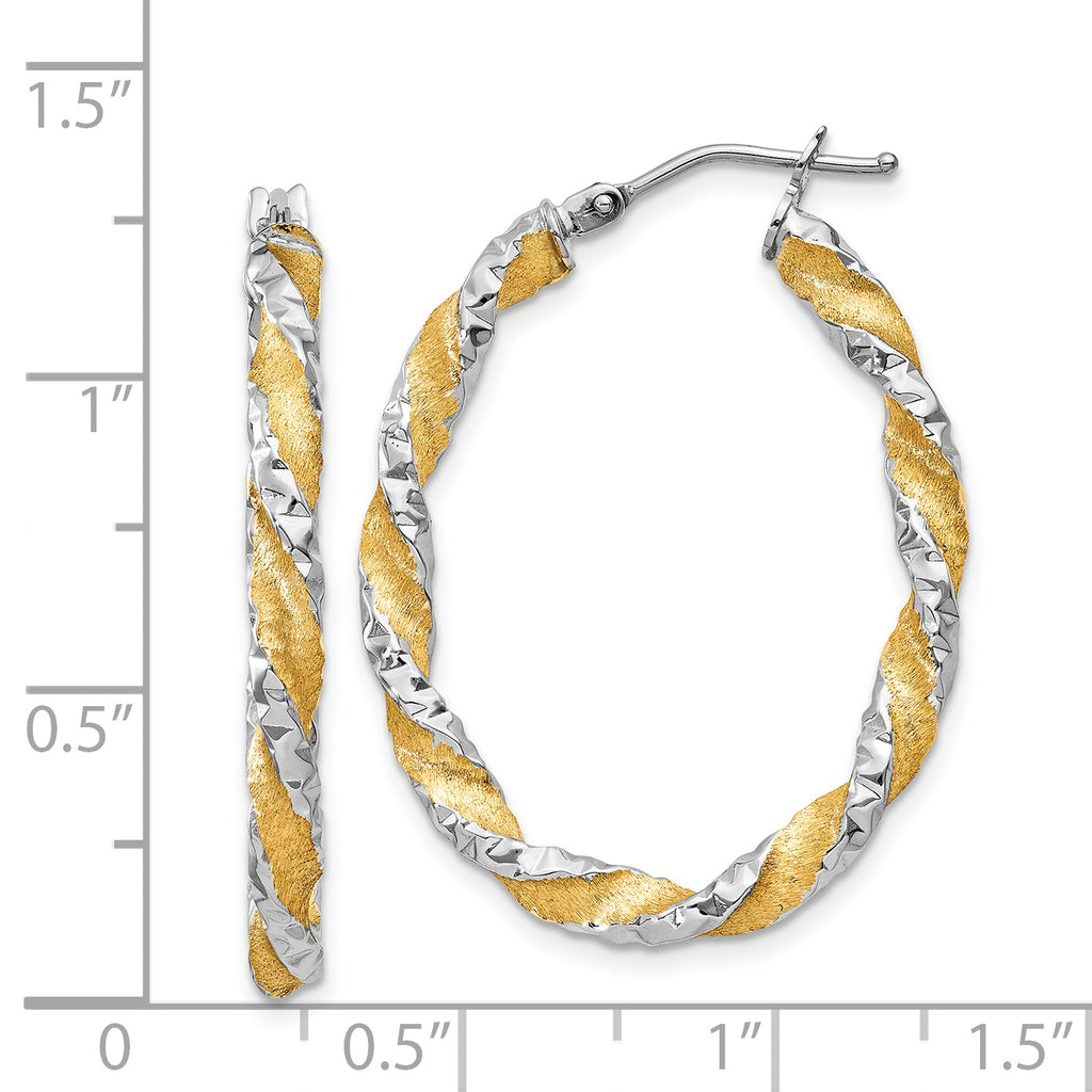 14K White Gold & Yellow Rhodium Twisted Oval Hoop Earrings  Polished Diamond-Cut Finish