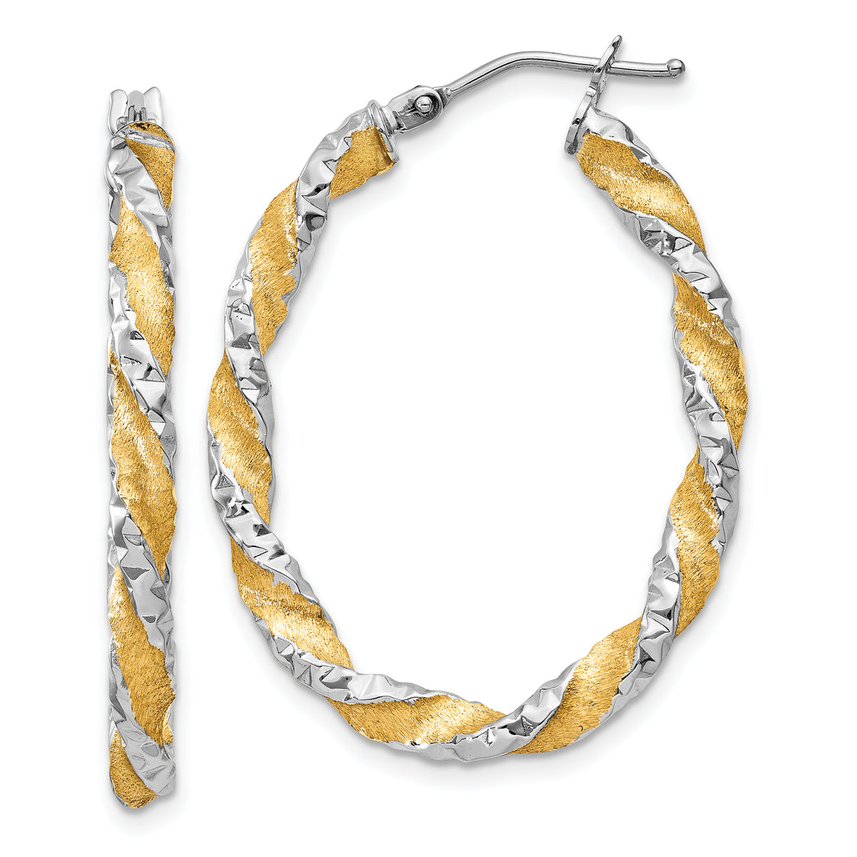 14k White Gold & Yellow Rhodium Twisted D/C Oval Hoop Earrings
