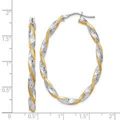 14K White Gold & Yellow Rhodium Twisted Oval Hoop Earrings  Polished, Diamond-Cut Design