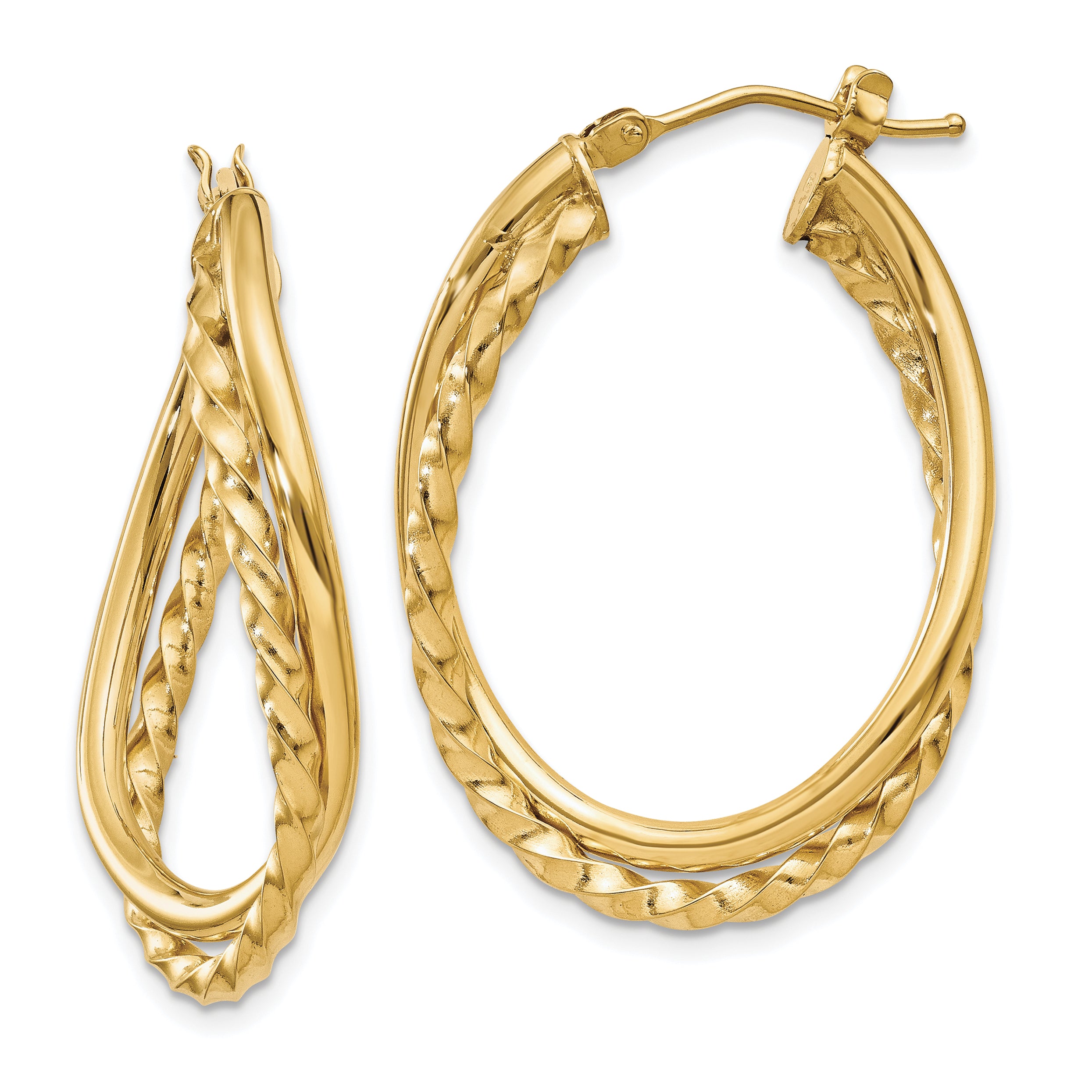 14k Textured and Polished Twist Oval Hoop Earrings