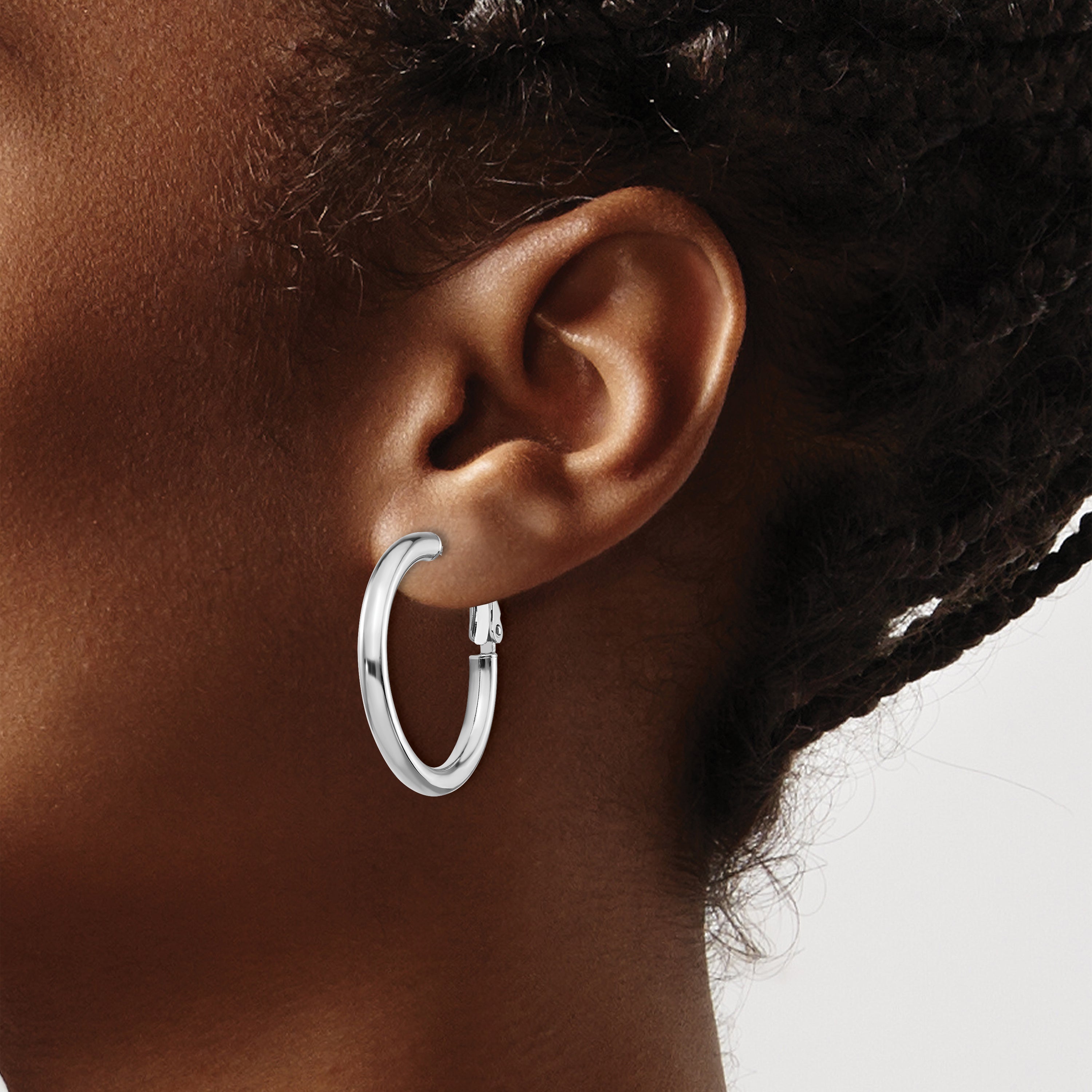 14K White Gold Polished Omega Back Hoop Earrings for Women, 27mm