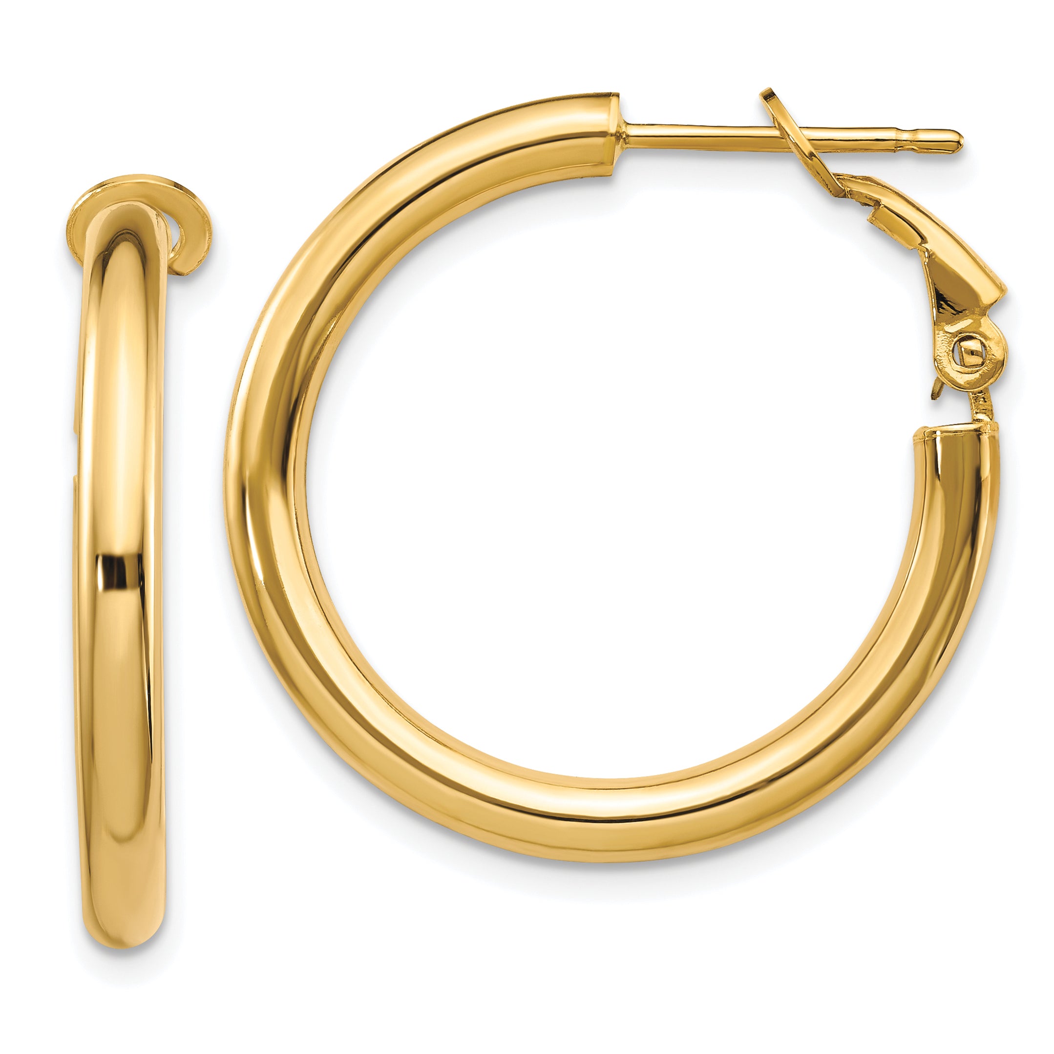 14k 3x20mm Polished Round Omega Back Hoop Earrings