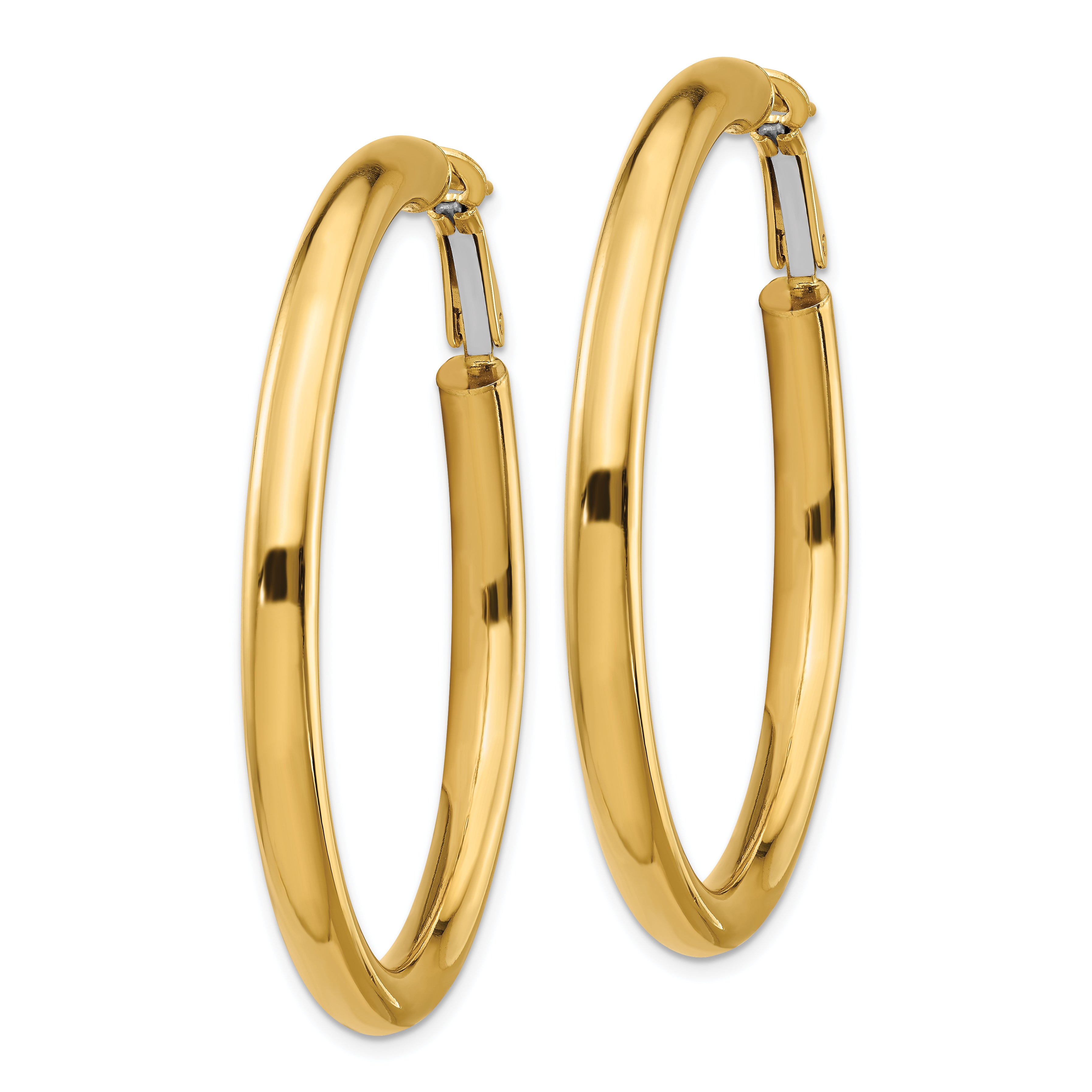 14K Gold Polished Hoop Earrings with 50mm Omega Back Design
