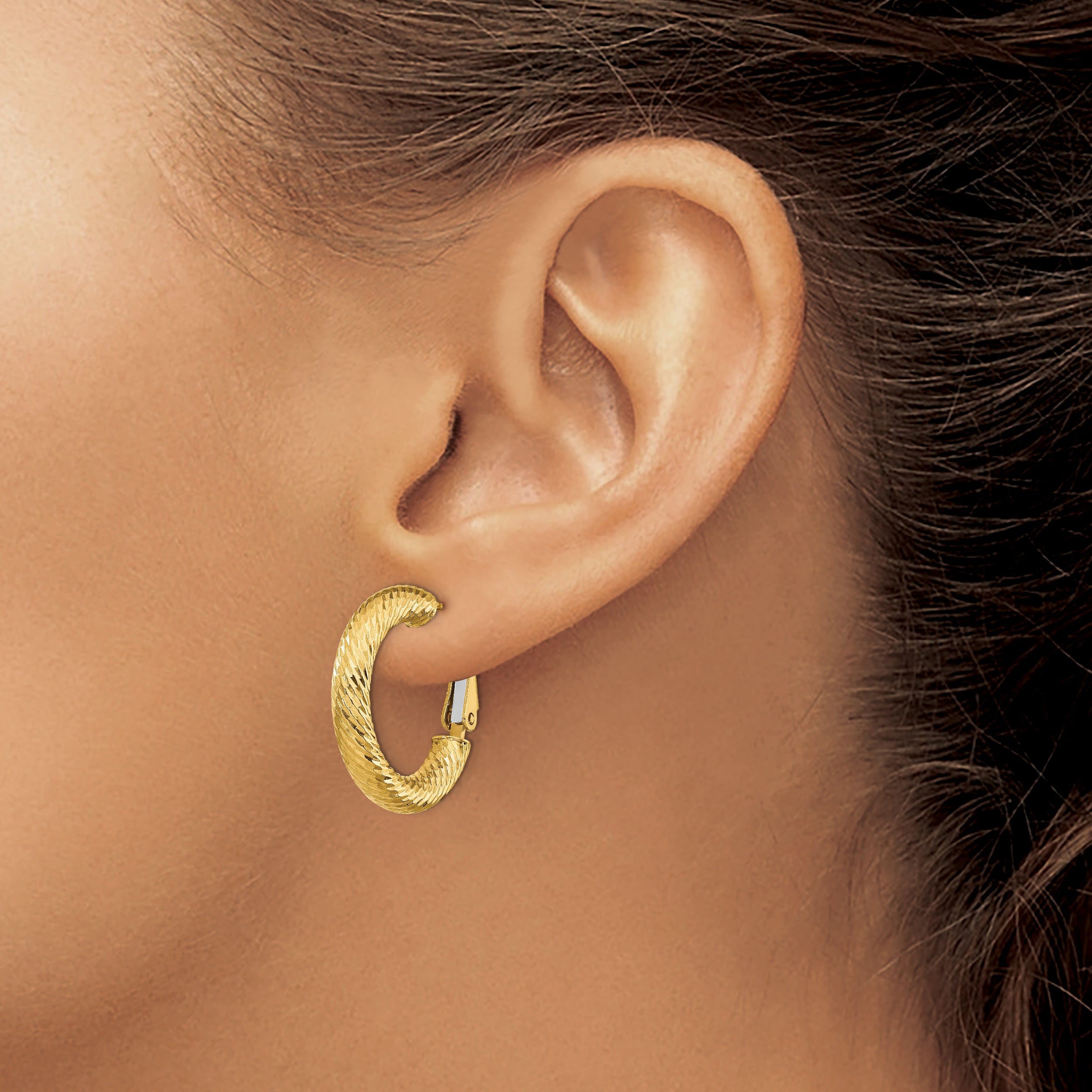 14k 4x15mm Diamond-cut Round Omega Back Hoop Earrings