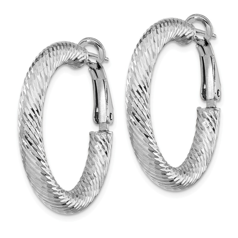 14k 4x20 White Gold Diamond-cut Round Omega Back Hoop Earrings