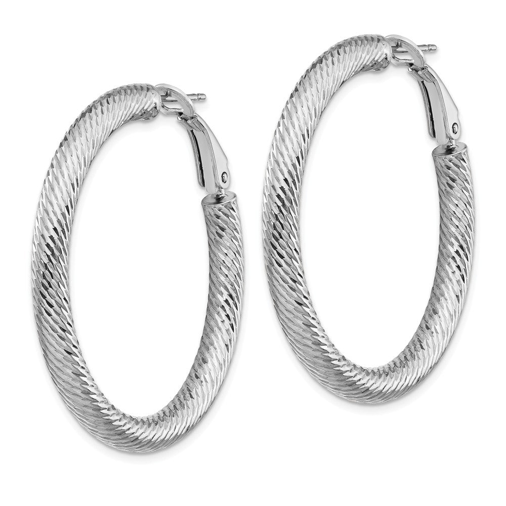 14k 4x30 White Gold Diamond-cut Round Omega Back Hoop Earrings