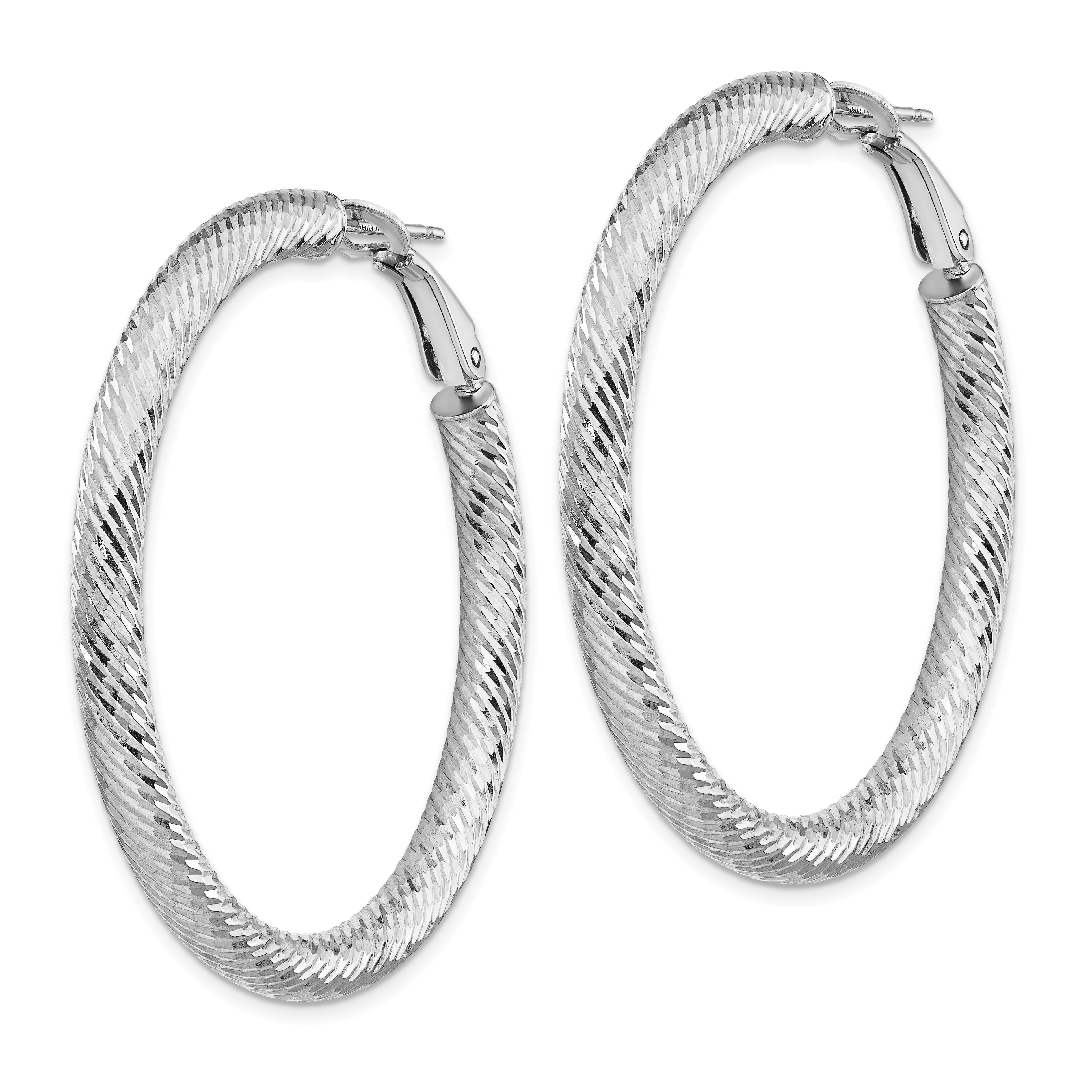 14k 4x35mm White Gold Diamond-cut Round Omega Back Hoop Earrings