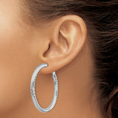 14k 4x35mm White Gold Diamond-cut Round Omega Back Hoop Earrings