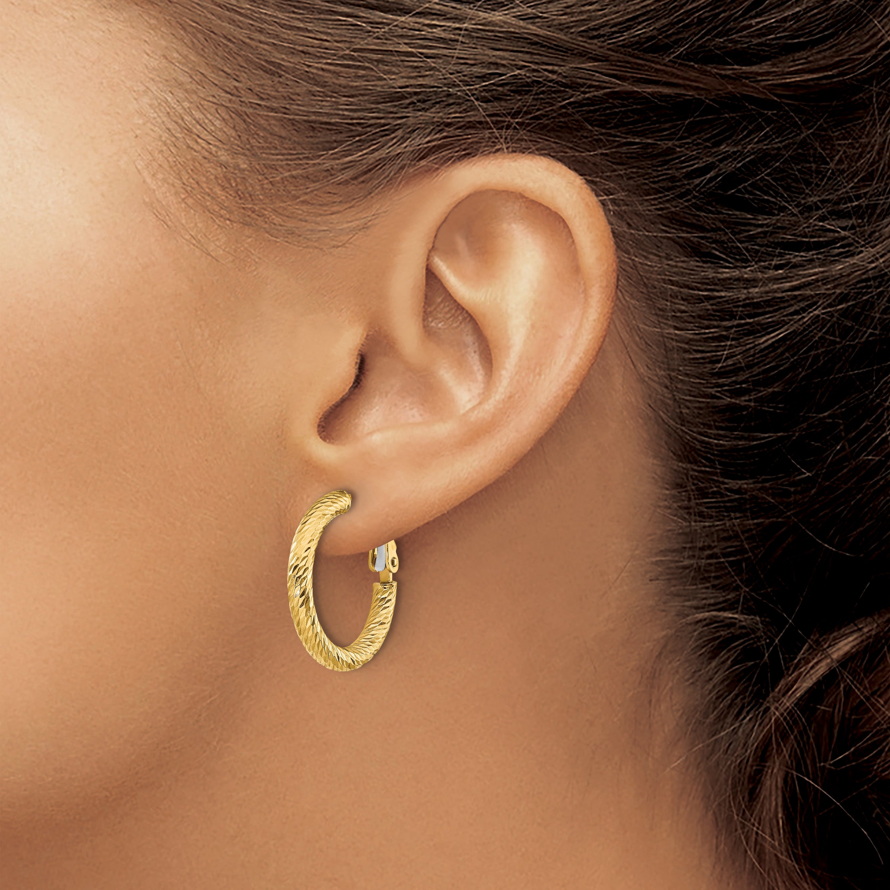 14K Gold Diamond-Cut Polished Hoop Earrings with Omega Back 3mm