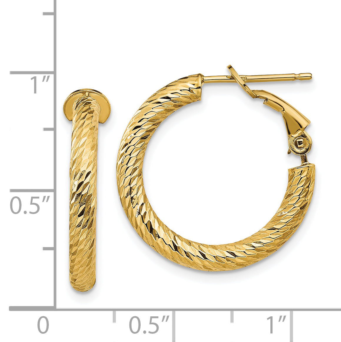 14k 3mm Polished Diamond-cut Round Omega Back Hoop Earrings